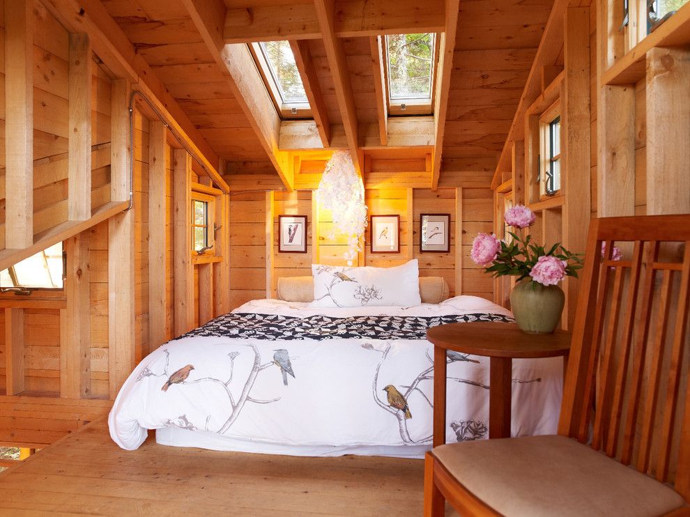 Duvet Cover Definition for a Rustic Bedroom with a Bedroom Loft and Island Treehouse, Coast of Maine by David Matero Architecture