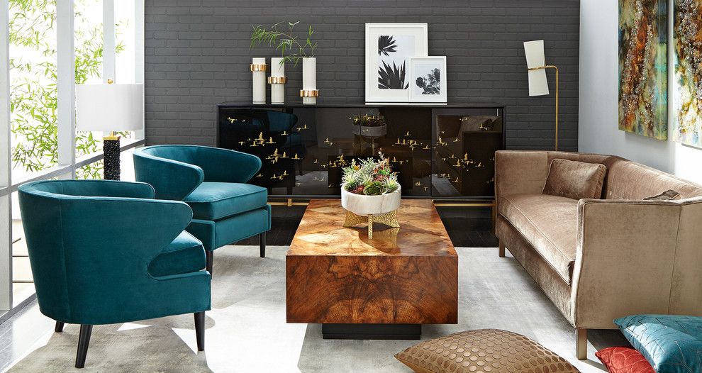 Azure Dallas for a Midcentury Living Room with a Gray Painted Brick Wall and Horchow by Horchow
